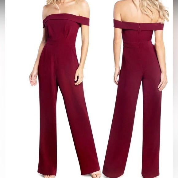 Dress The Population Julian Crepe Off The Shoulder Wide Leg Jumpsuit Burgundy S - Picture 1 of 11